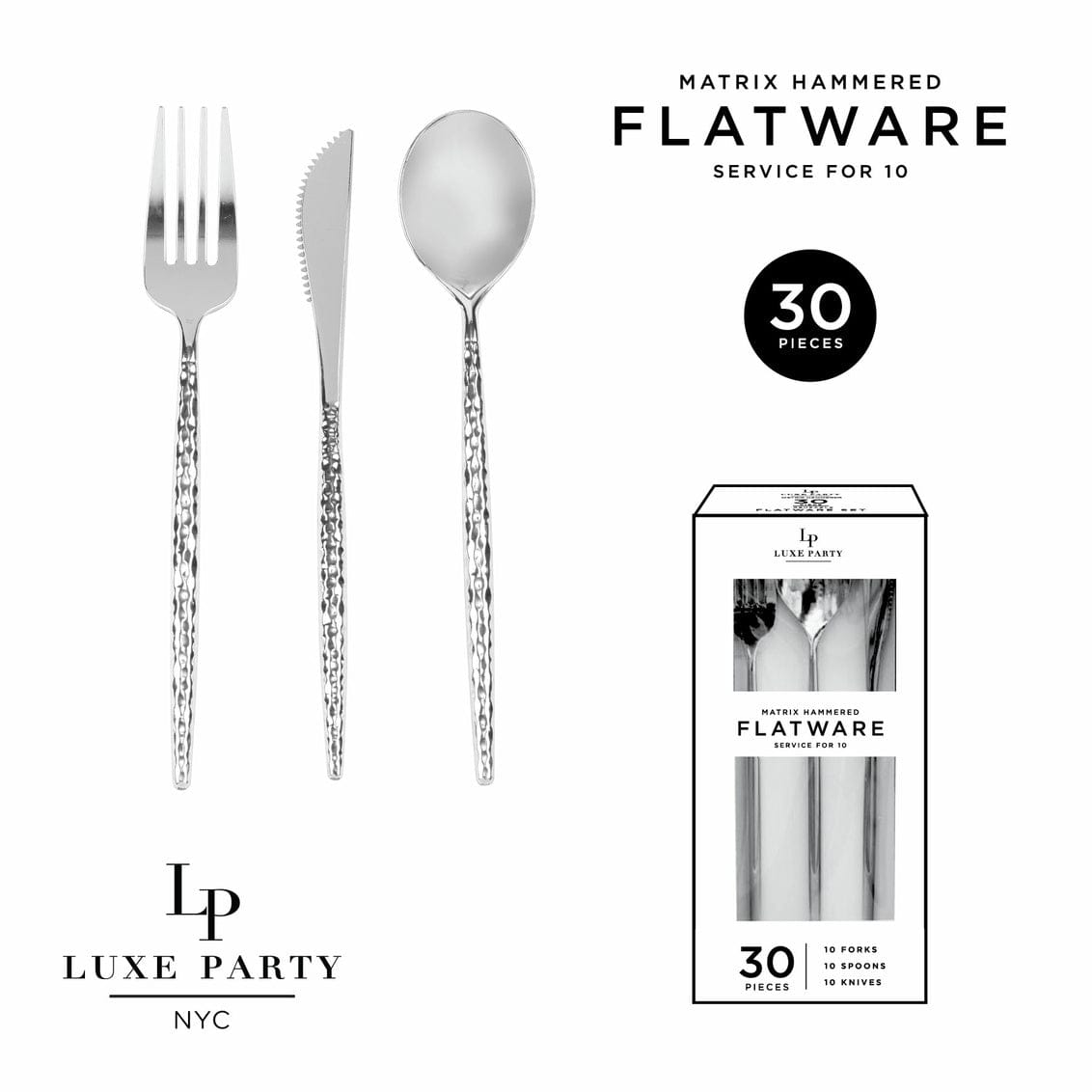 Matrix Silver Hammered Plastic Cutlery Set | 30 Pieces
