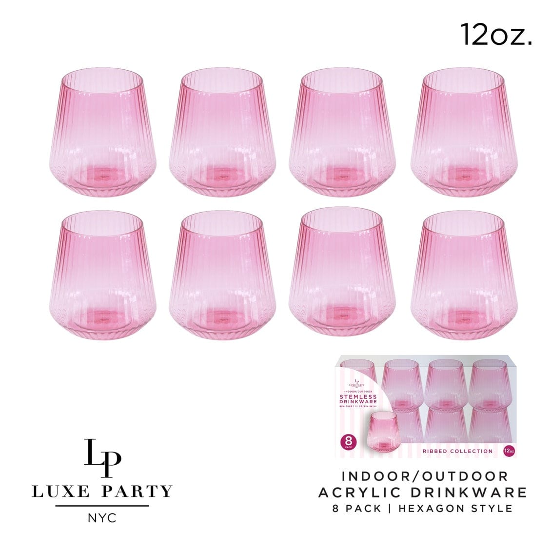 Upscale RIBBED Pink 12 Oz. Plastic Wine Goblets | 8 Cups