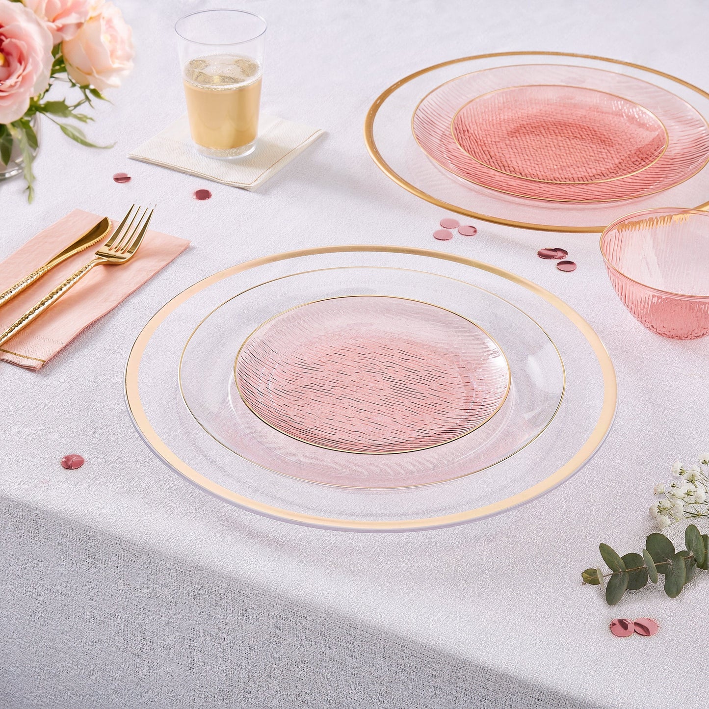 10.25 Waterfall Transparent Rose and Gold Dinner Plastic Plates | 12 Plates