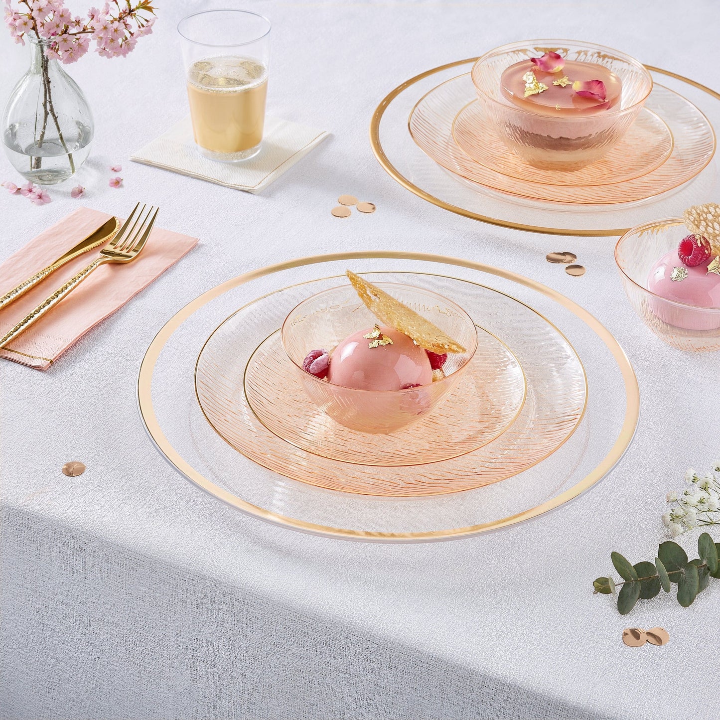 Transparent Waterfall Peach and Gold 10.25 Plastic Plates | 12 Plates