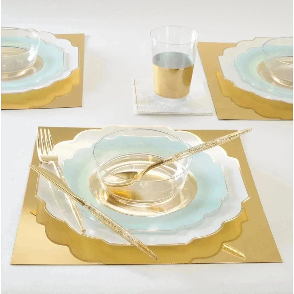 Scalloped Clear Mint Green and Gold Plastic Plates | 10 Pack