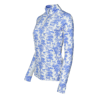 Dapplebay Equestrian Toile 1/4 Zip Light Riding Top - Long Sleeve-Blue/White