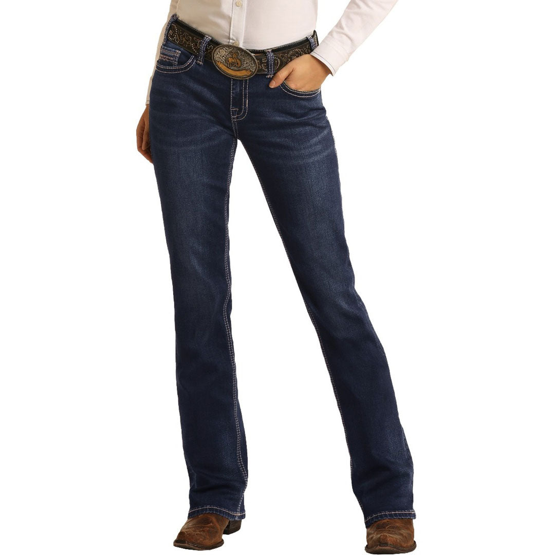 Rock & Roll Denim Ladies Mid Rise Extra Stretch Bootcut Riding Jeans- Dark Wash