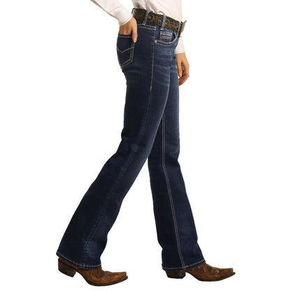 Rock & Roll Denim Ladies Mid Rise Extra Stretch Bootcut Riding Jeans- Dark Wash