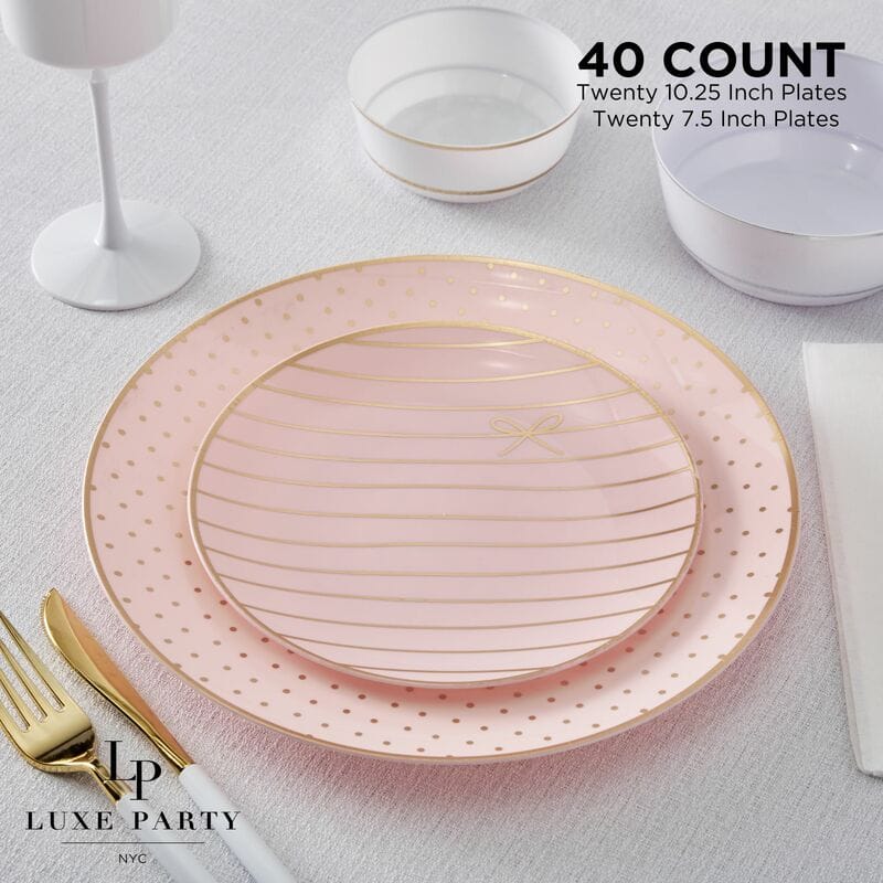 Baby Pink and Gold Plastic Bow and Dot Dinner and Salad Plates | 40 Pack