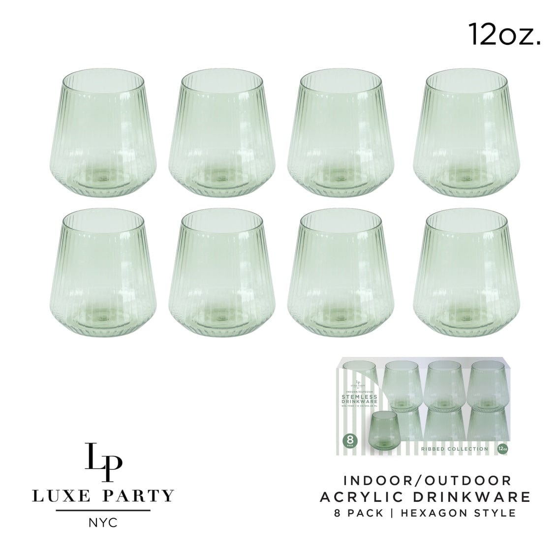 Upscale RIBBED Mint Green 12 Oz. Plastic Wine Goblets | 8 Cups