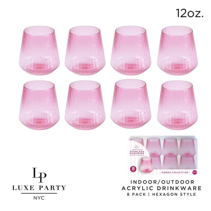 Upscale RIBBED Pink 12 Oz. Plastic Wine Goblets | 8 Cups