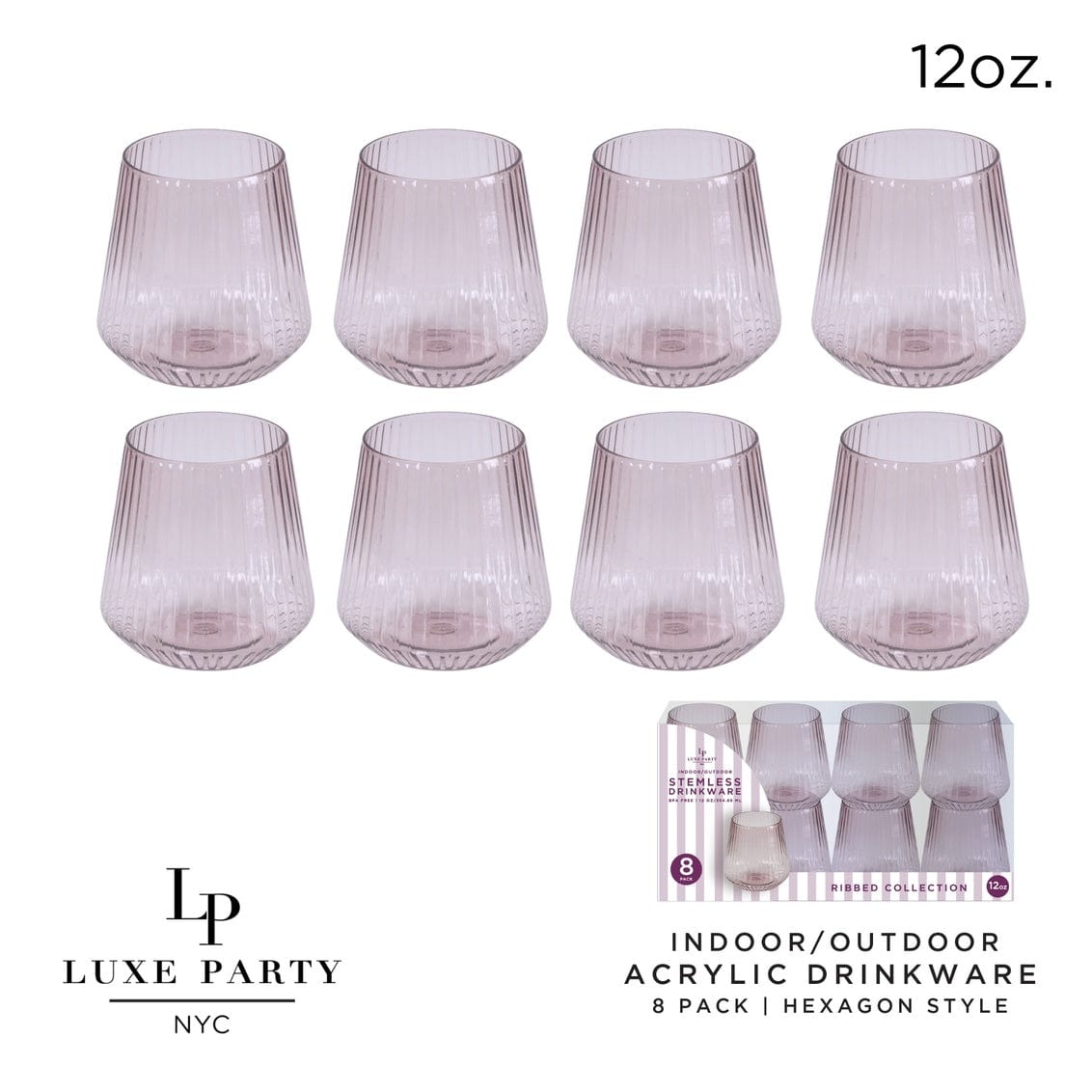 Upscale RIBBED Purple 12 Oz. Plastic Wine Goblets | 8 Cups