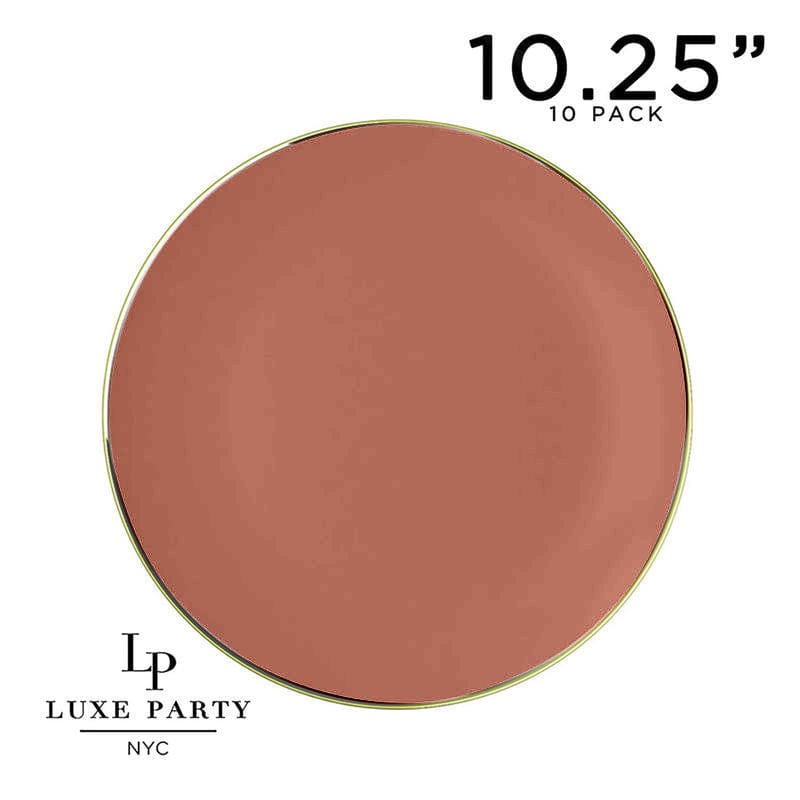 Round Rosewood Orange and Gold Plastic Plates | 10 Pack