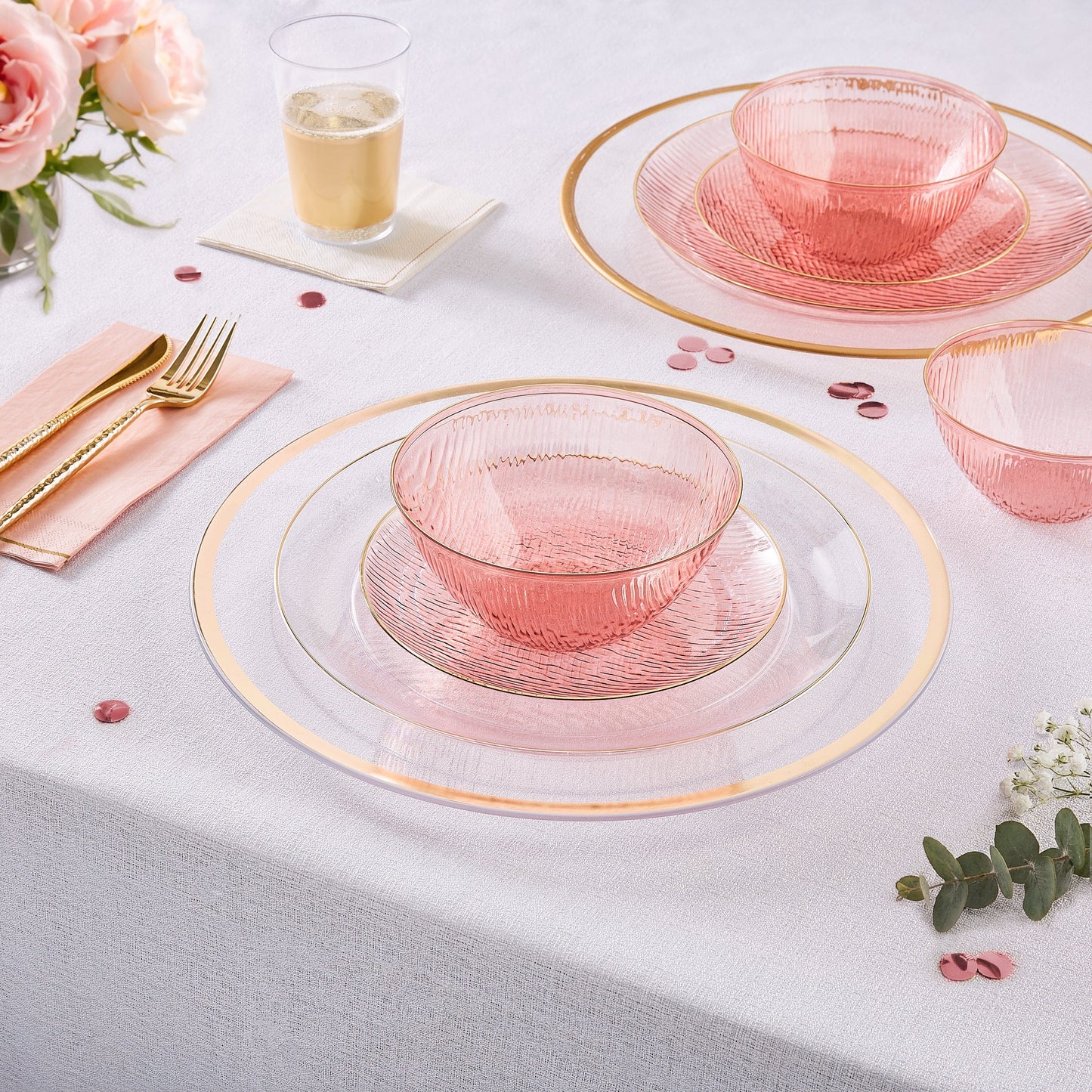 10.25 Waterfall Transparent Rose and Gold Dinner Plastic Plates | 12 Plates
