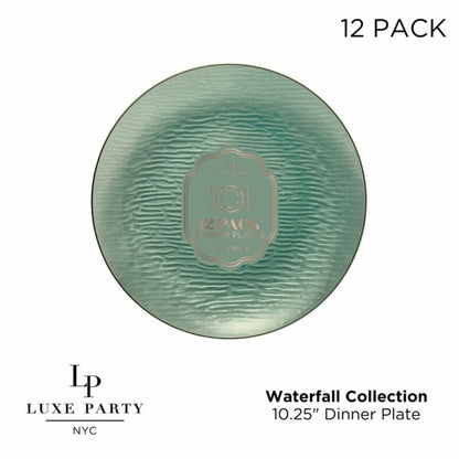 10.25 Waterfall Transparent Sage and Gold Dinner Plastic Plates | 12 Plates