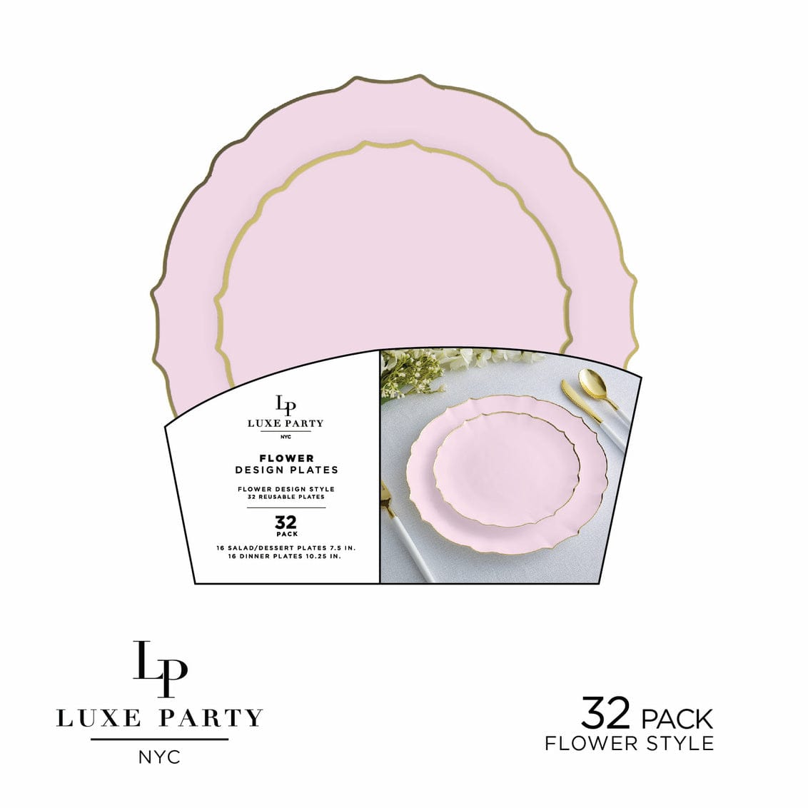 Baby Pink Flower Plate and Gold Plastic Plates Set | 32 Pack