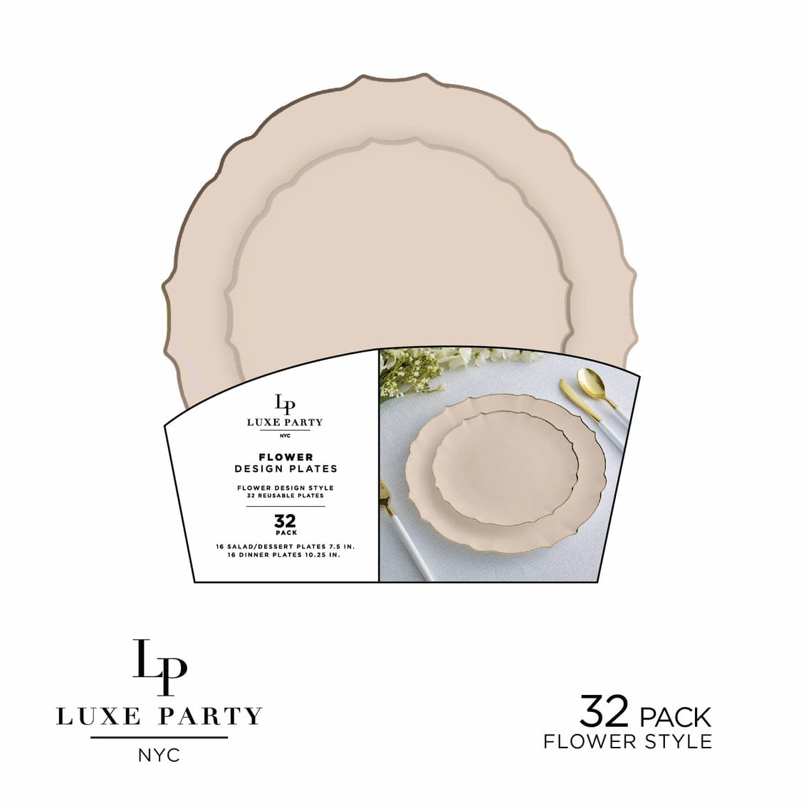 Linen Flower Plate and Gold Plastic Plates Set | 32 Pack