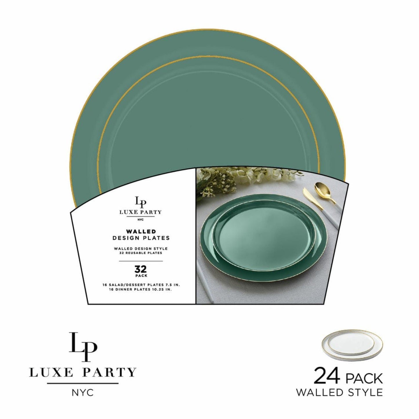 Round Walled Sage and Gold Plastic Plates Set | 32 Pack