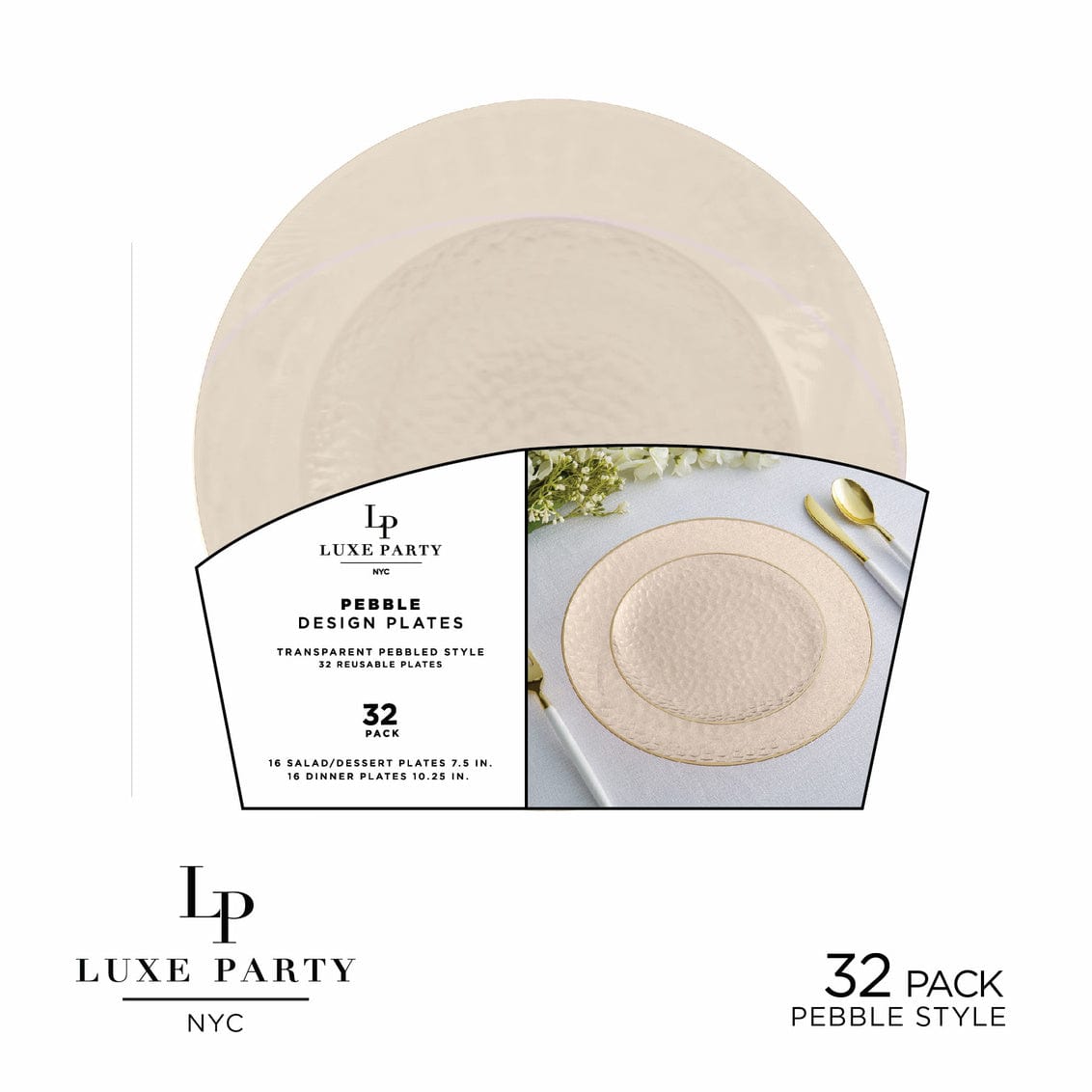 Solid Linen Pebble Plate and Gold Plastic Plates Set | 32 Pack