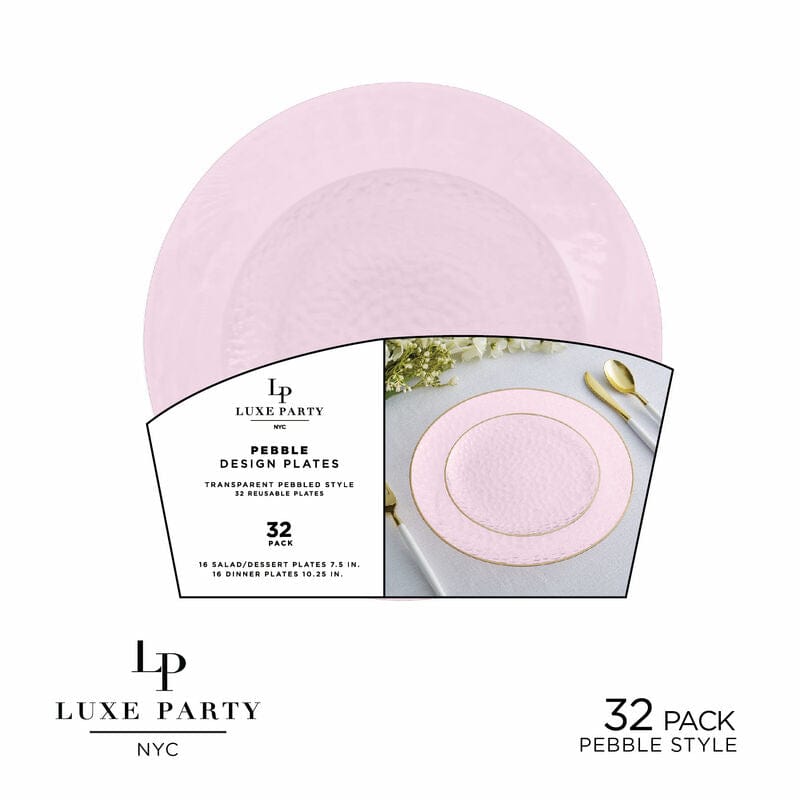 Solid New Baby Pink Pebble Plate and Gold Plastic Plates Set | 32 Pack