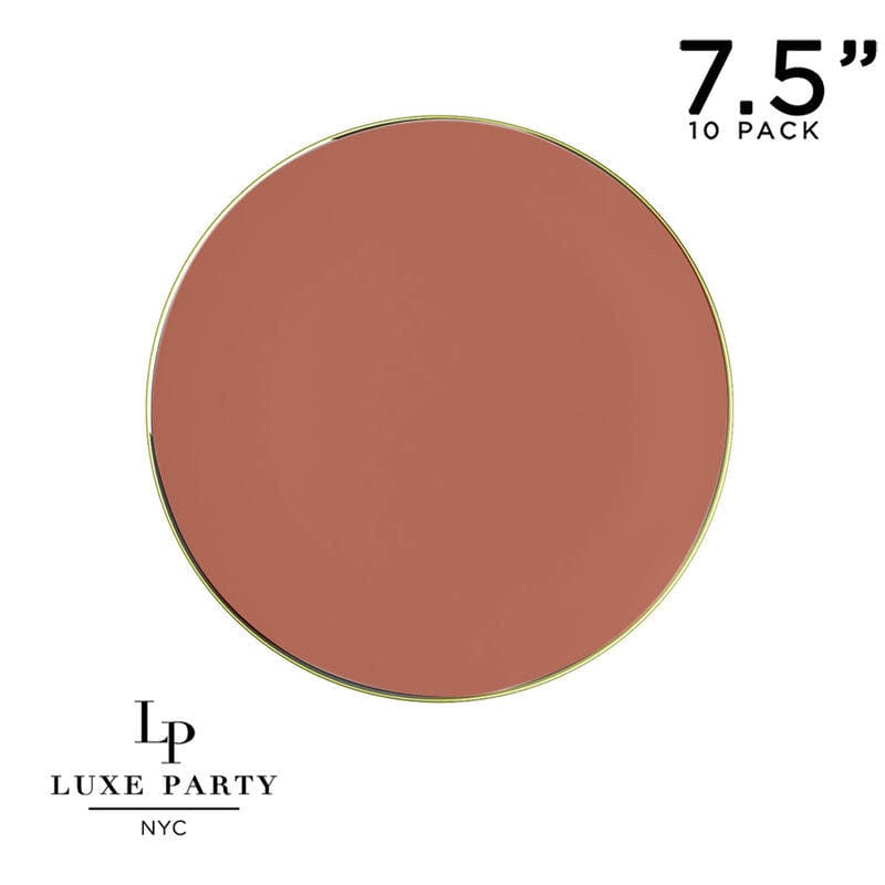 Round Rosewood Orange and Gold Plastic Plates | 10 Pack