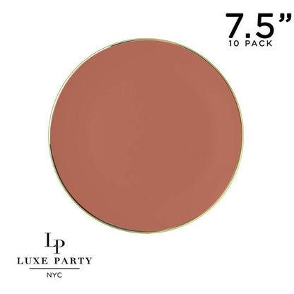 Round Rosewood Orange and Gold Plastic Plates | 10 Pack