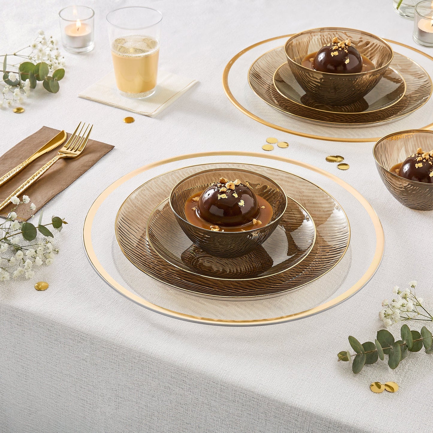Transparent Waterfall Brown and Gold 10.25 Plastic Dinner Plates | 12 Plates