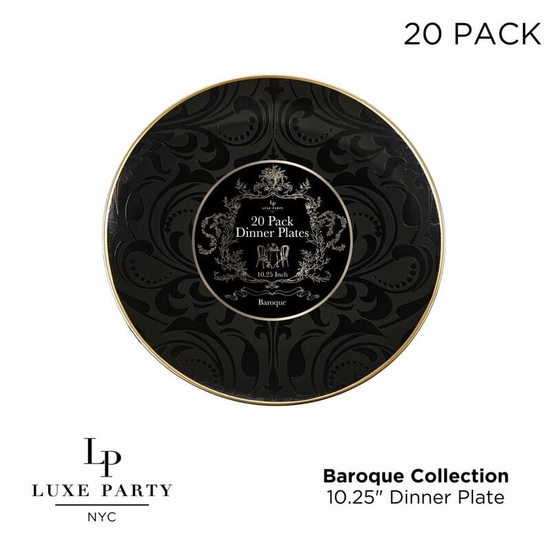 Round Black • Gold Baroque Pattern Plastic Plates | 20 Pack