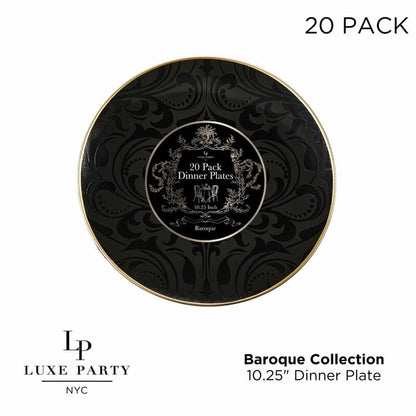 Round Black • Gold Baroque Pattern Plastic Plates | 20 Pack