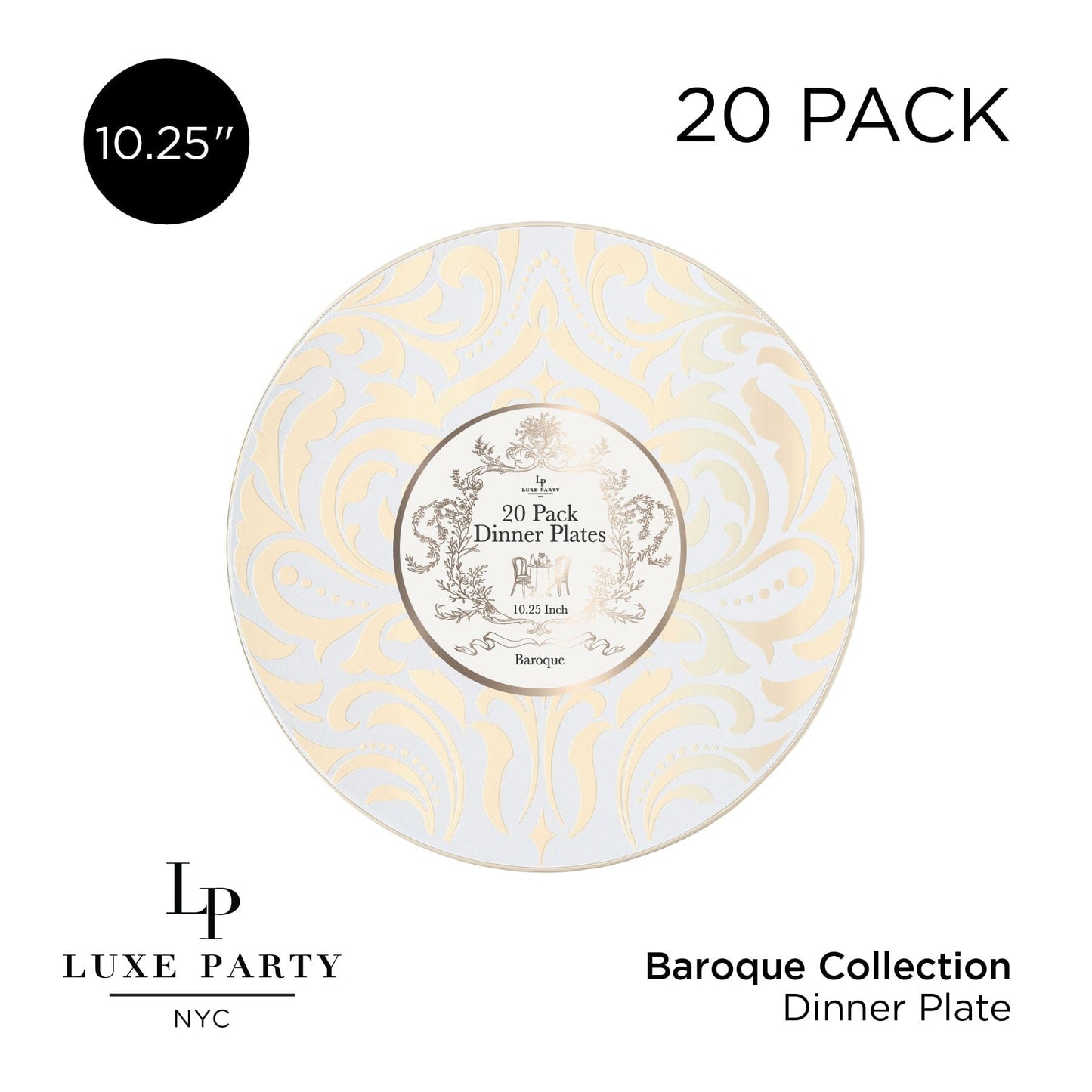 Round Clear • Gold Baroque Pattern Plastic Plates | 20 Pack