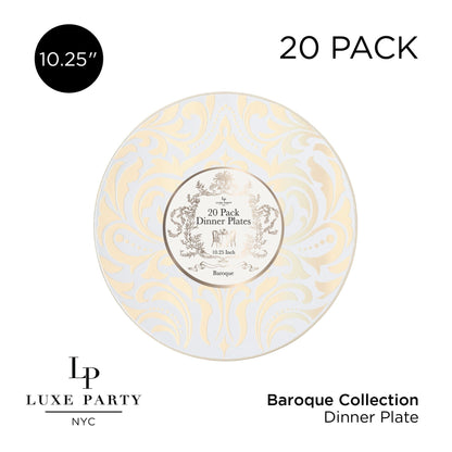Round Clear • Gold Baroque Pattern Plastic Plates | 20 Pack