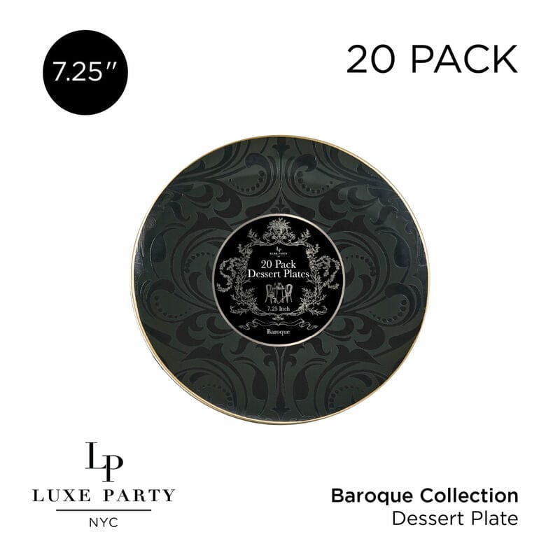 Round Black • Gold Baroque Pattern Plastic Plates | 20 Pack