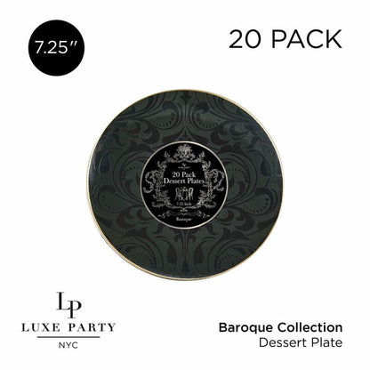 Round Black • Gold Baroque Pattern Plastic Plates | 20 Pack