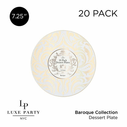 Round Clear • Gold Baroque Pattern Plastic Plates | 20 Pack
