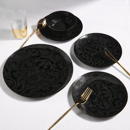 Round Black • Gold Baroque Pattern Plastic Plates | 20 Pack