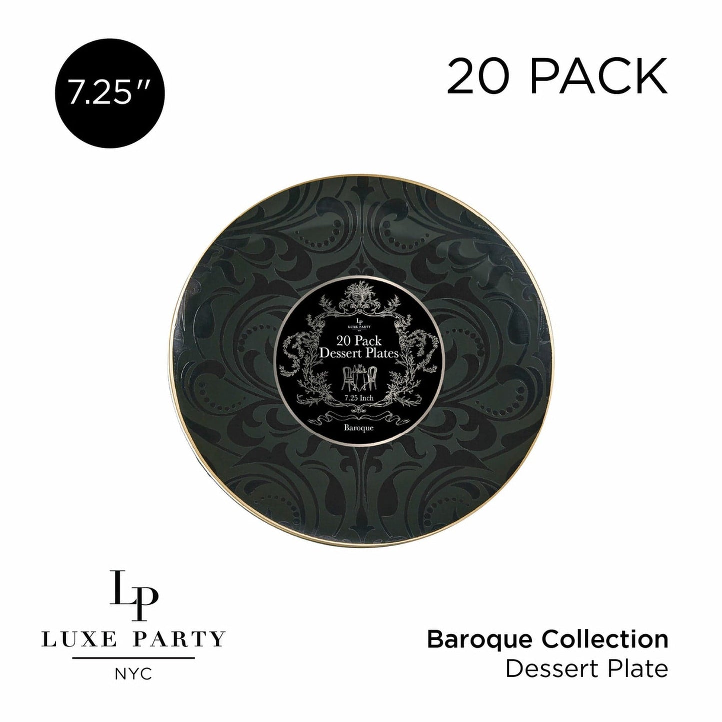 Round Black • Gold Baroque Pattern Plastic Plates | 20 Pack