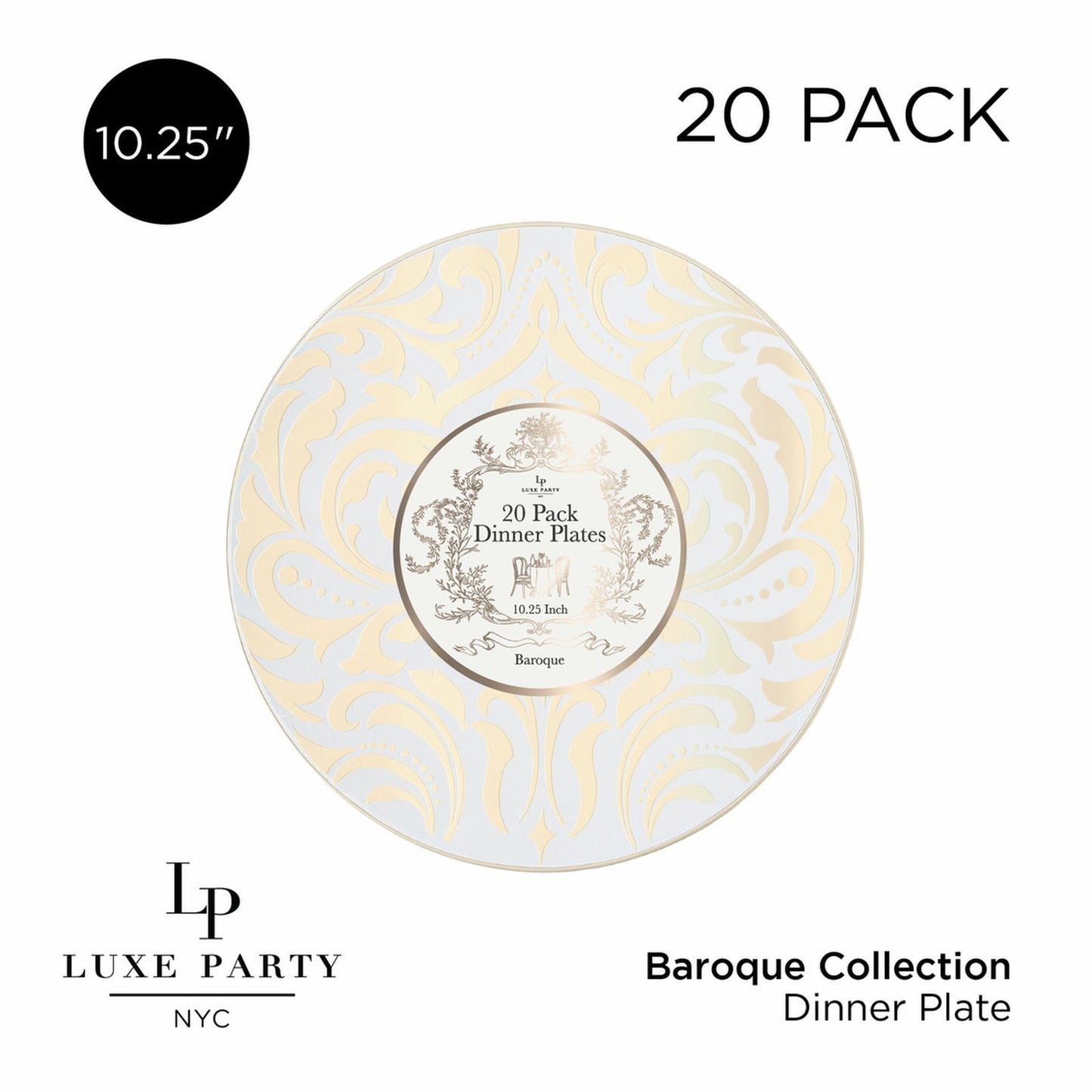 Round Clear • Gold Baroque Pattern Plastic Plates | 20 Pack