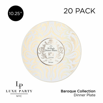 Round Clear • Gold Baroque Pattern Plastic Plates | 20 Pack