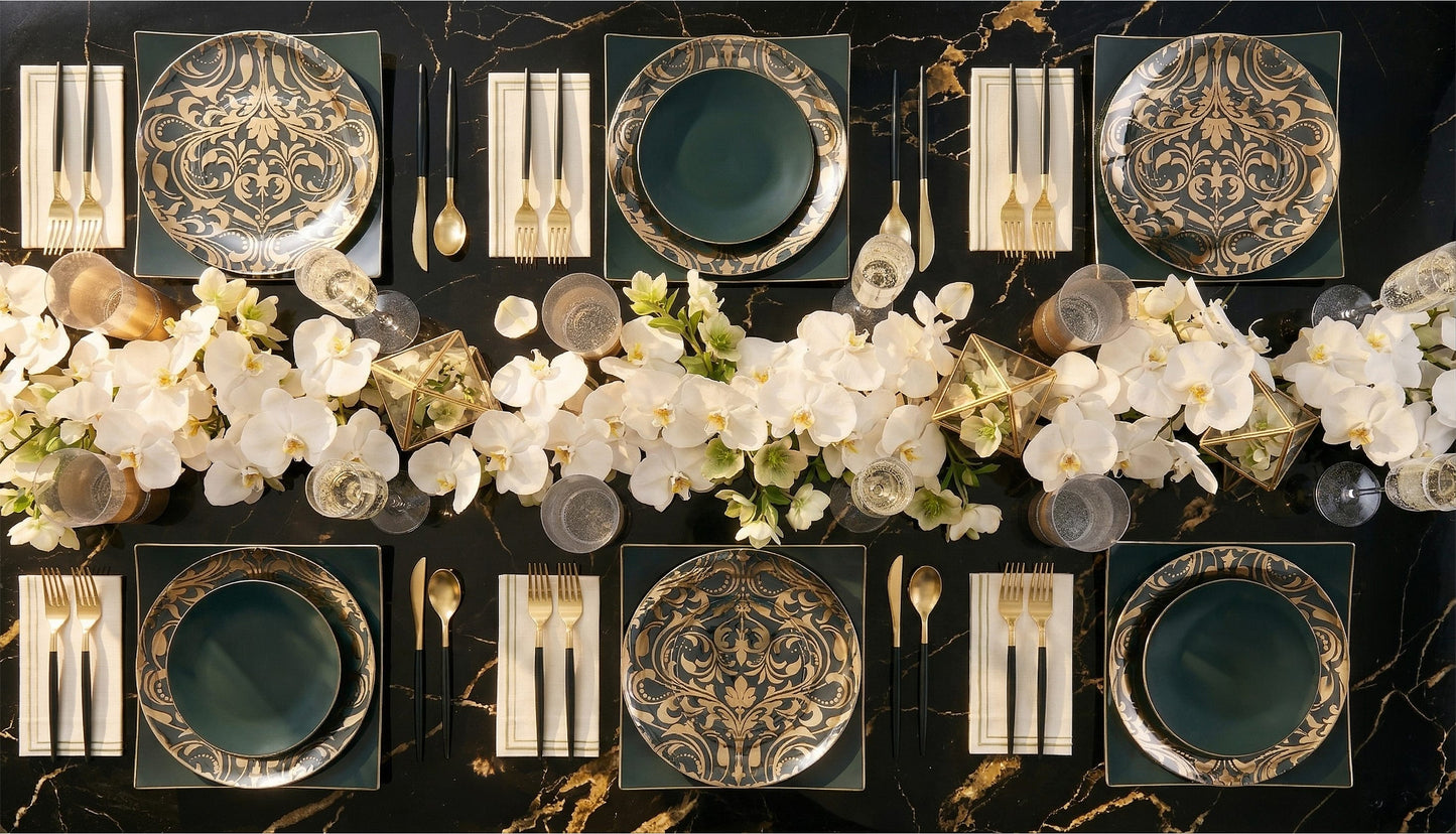 Round Clear • Gold Baroque Pattern Plastic Plates | 20 Pack