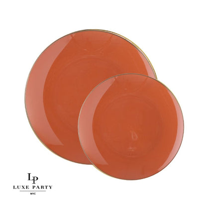 Round Rosewood Orange and Gold Plastic Plates | 10 Pack