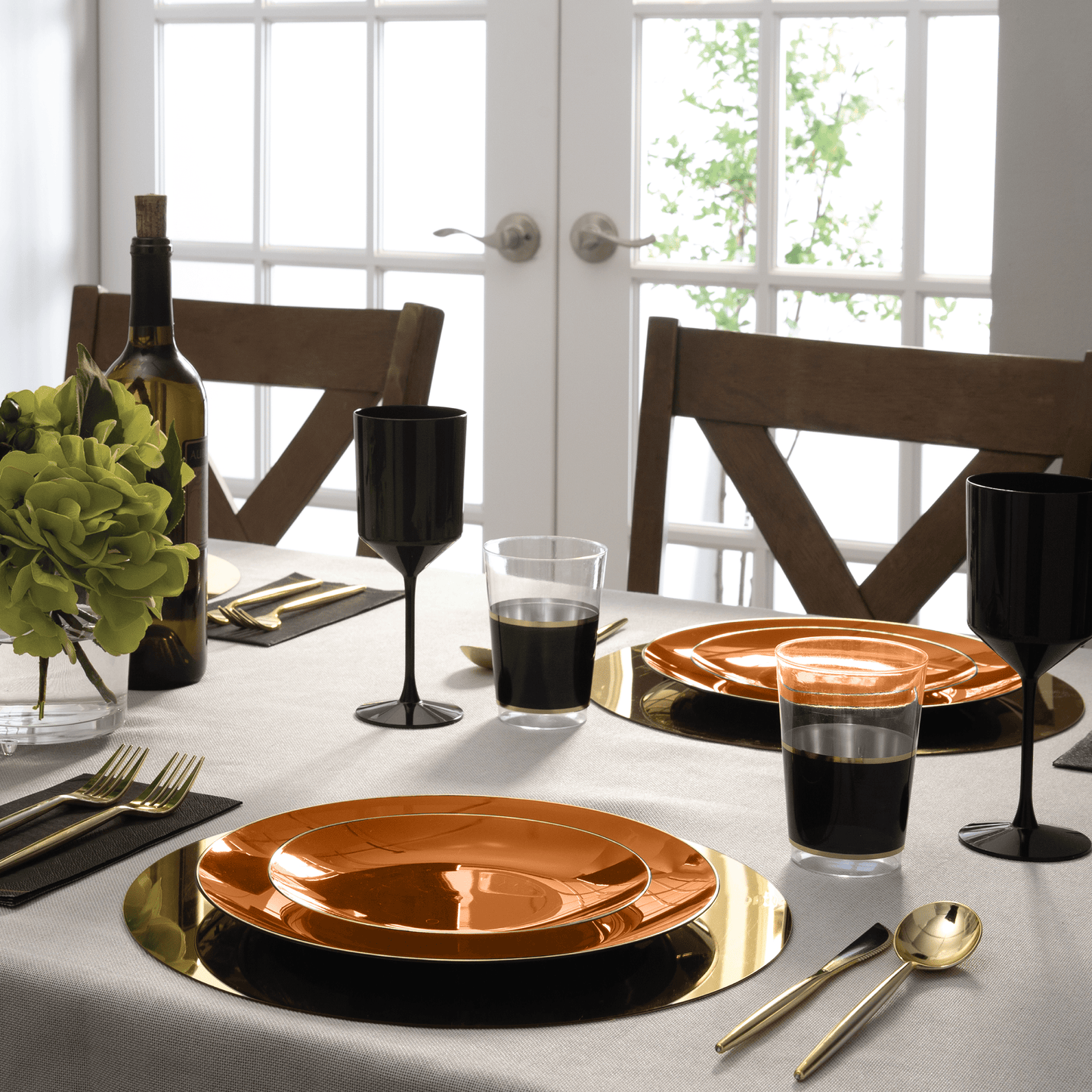 Round Rosewood Orange and Gold Plastic Plates | 10 Pack