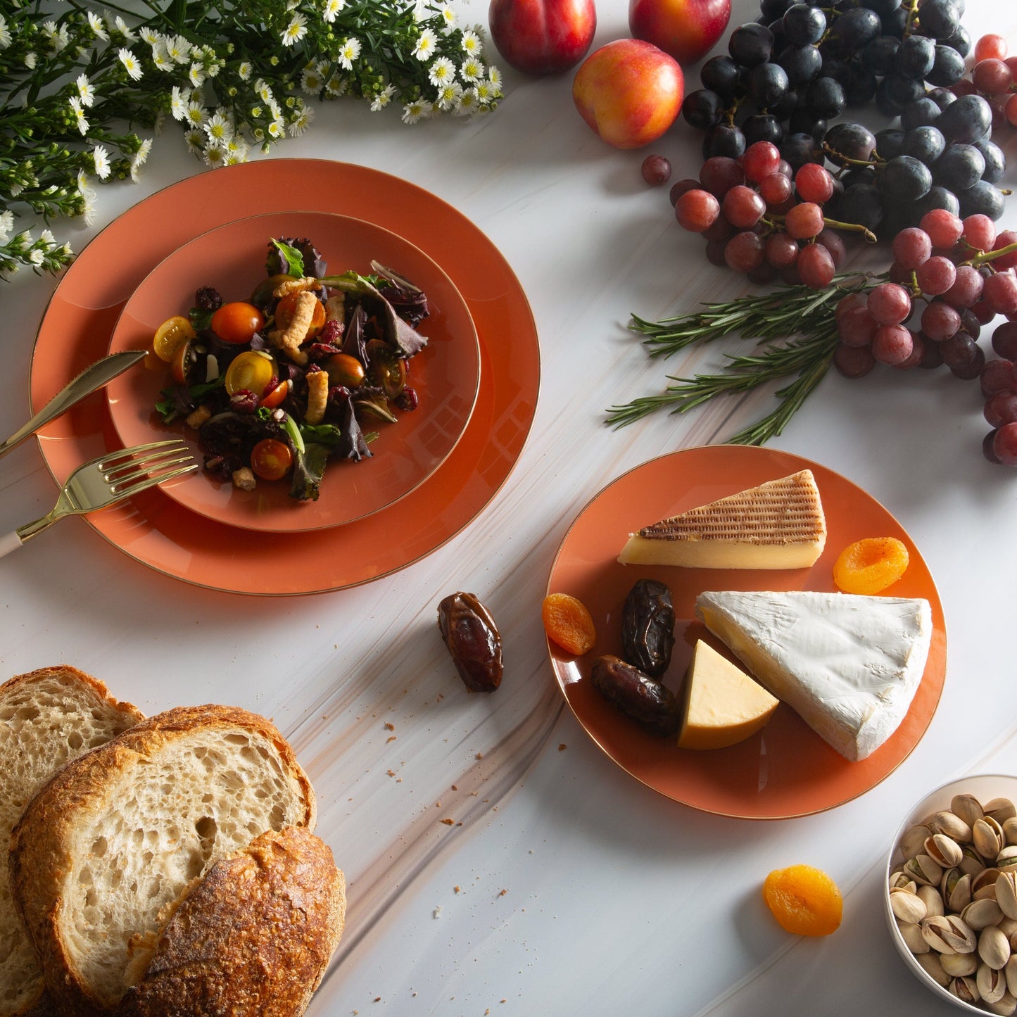 Round Rosewood Orange and Gold Plastic Plates | 10 Pack