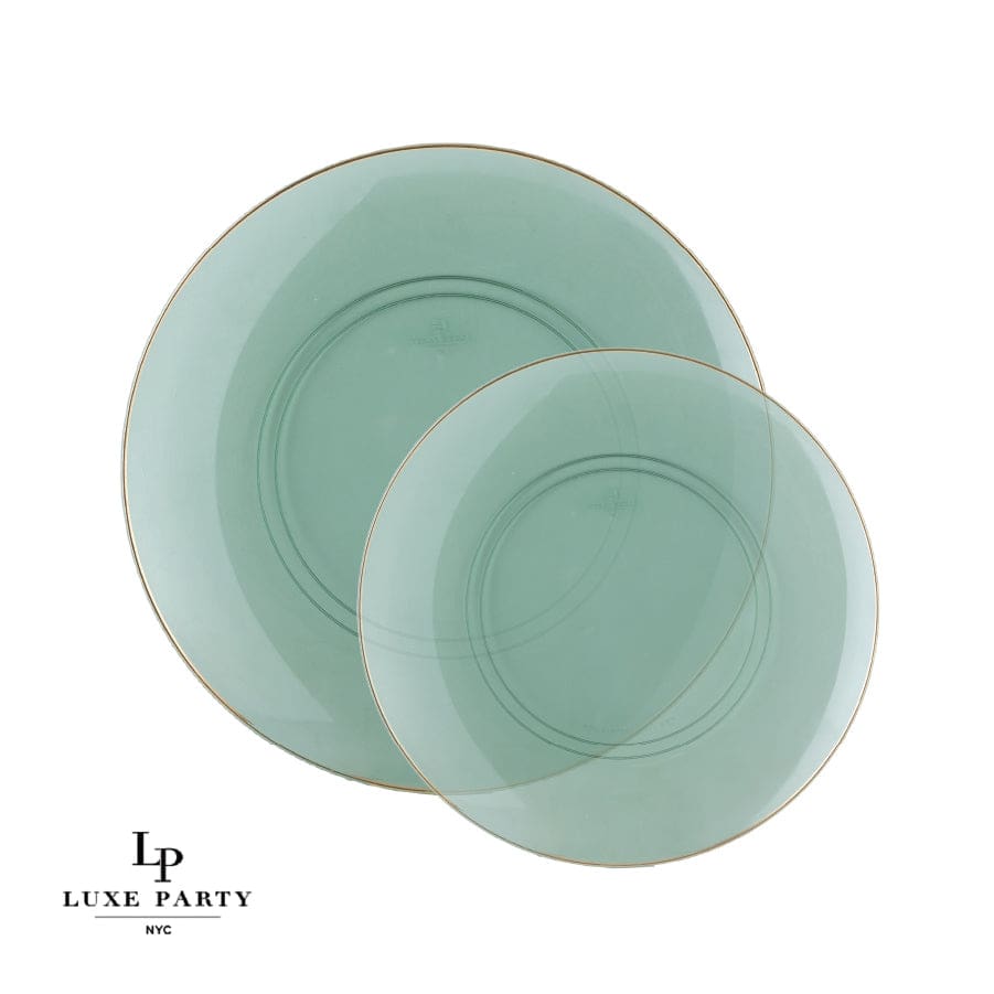 Round Transparent Green and Gold Plastic Plates | 10 Pack