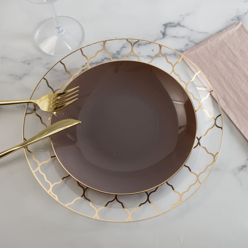 Round Truffle and Gold Plastic Plates | 10 Pack