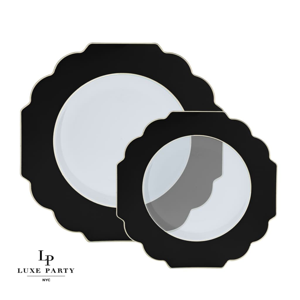 Scalloped Clear Black • Silver Plastic Plates | 10 Pack