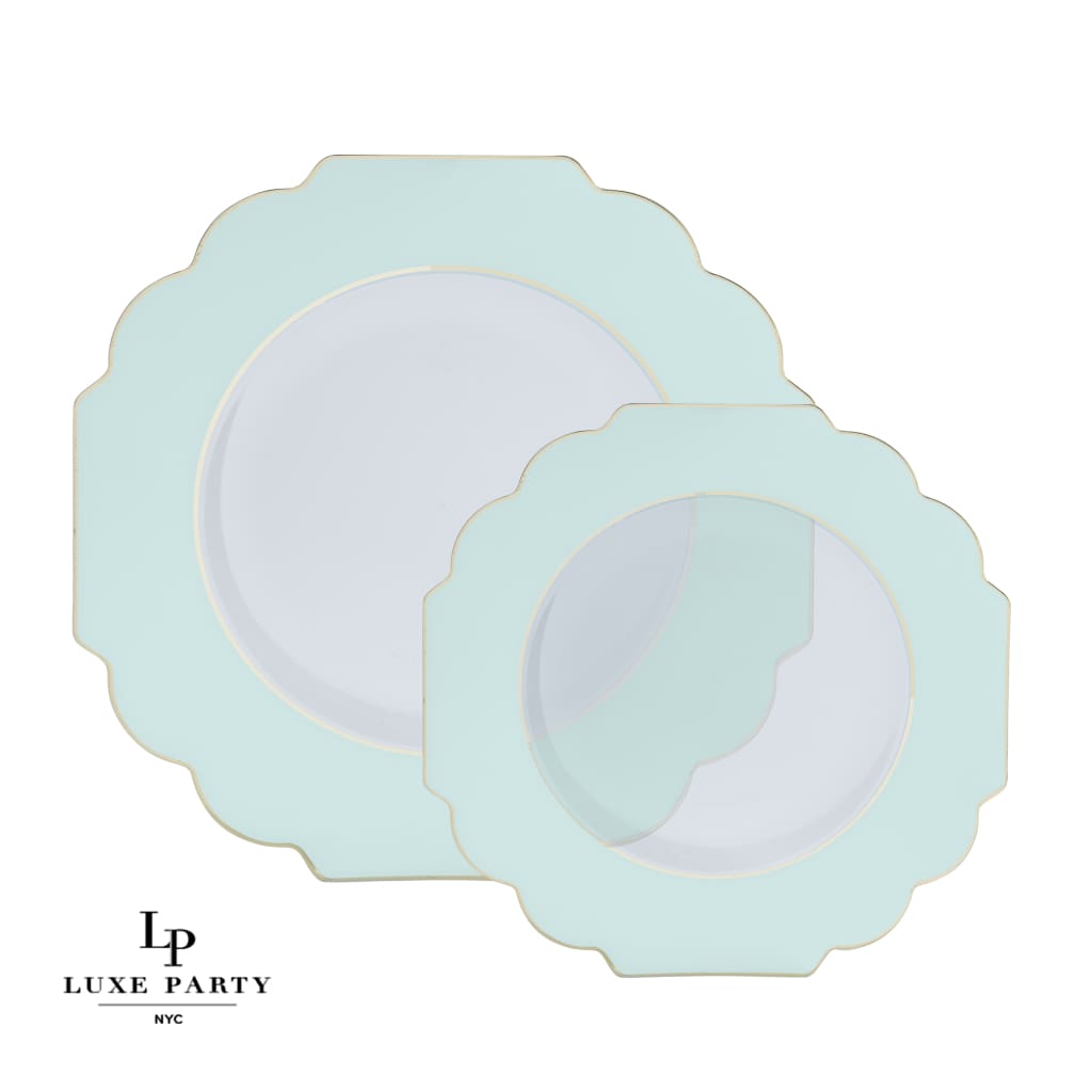 Scalloped Clear Mint Green and Gold Plastic Plates | 10 Pack