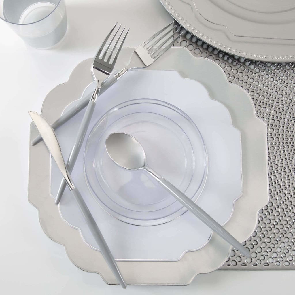 Scalloped Clear Silver Plastic Plates | 10 Pack